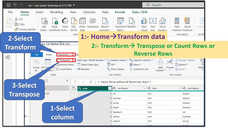 Transform Tab in Query Editor: Transpose, Reverse Row and Count Rows in Transform Tab of Query Editor in Power BI: Lesson-7 P-2