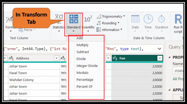 Transform Tab in Query Editor: The "standard" options in Power BI's Query Editor', such as Add, Multiply, subtract...: Lesson-7 P-8.2