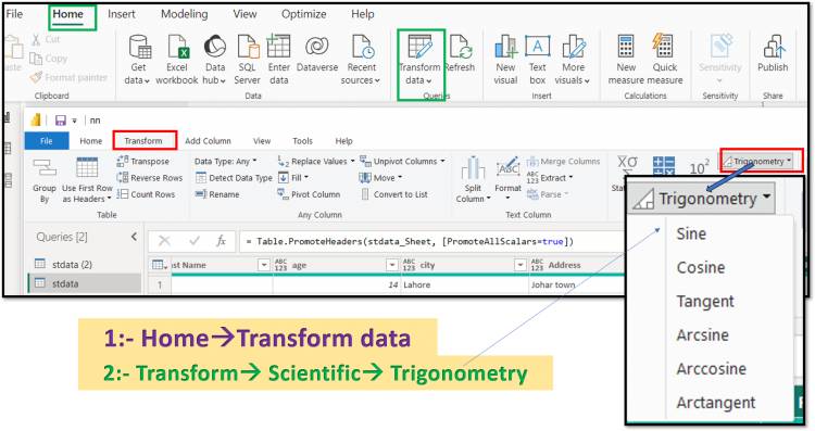 Transform Tab in Query Editor: Trigonometry functions available in the query editor of Power Bl: Lesson-7 P-10