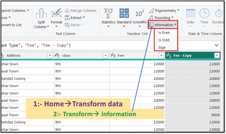 Transform Tab in Query Editor: The "Information" options like Is Even, Is Odd and Sign in Power BI's Query Editor:  Lesson-7 P-12