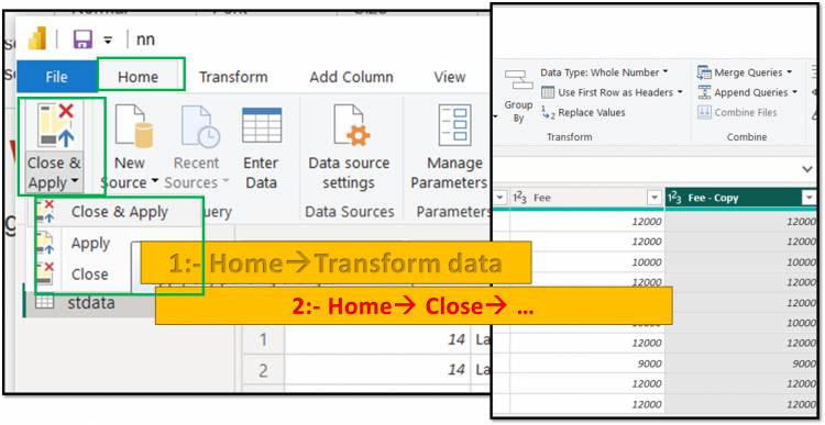 Home Tab in Query Editor: Close, close & apply, apply options in home tab of query editor in Power BI: Lesson-7 P-13