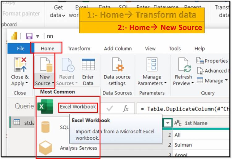 Home Tab in Query Editor: New Source option in home tab of query editor in Power BI: Lesson-7 P-14