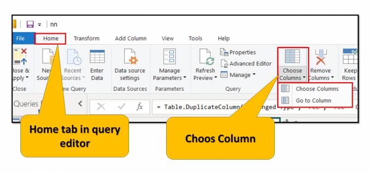 Home Tab in Query Editor: "Choose Column" option in home tab of query editor in Power BI: Lesson-7 P-18