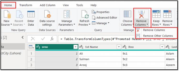 Home Tab in Query Editor: "Remove Columns" option in home tab of query editor in Power BI: Lesson-7 P-19