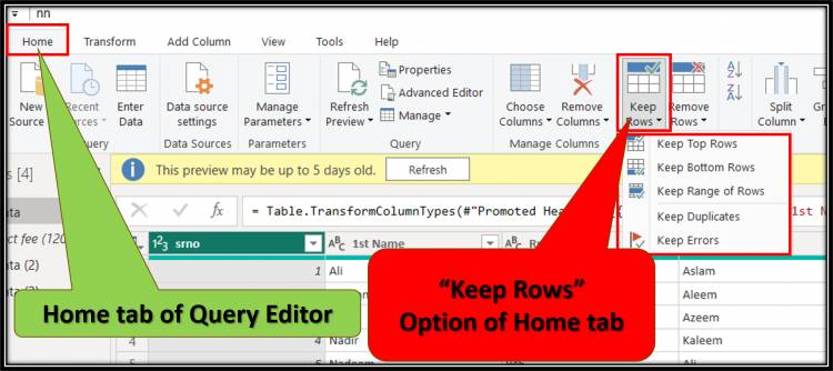 Home Tab in Query Editor: "Keep Rows" option in home tab of query editor in Power BI: Lesson-7 P-20