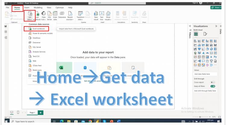 Microsoft Power BI: Get Data option in HOME Ribbon: Loding Data: Excel Sheet: Excel Workbook- Lesson -3 