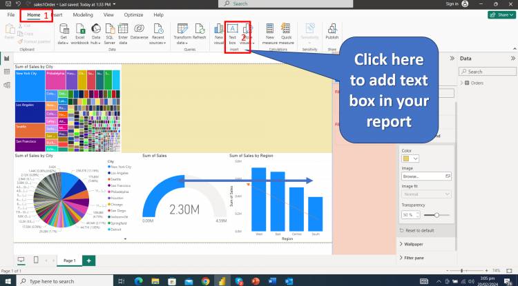 Text box in Home Ribbon in Power BI and select specific option from your Chart:  Title of your Report. Lesson-6 P-3