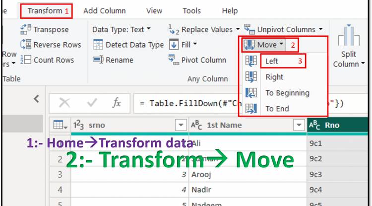 Transform Tab in Query Editor: Move option of Transform Tab like left, right, to end, to beginning in Power BI: Lesson-7 P-5