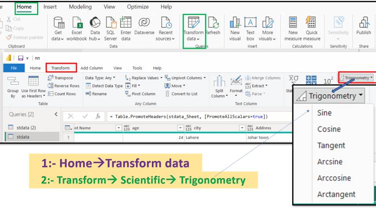 Transform Tab in Query Editor: Trigonometry functions available in the query editor of Power Bl: Lesson-7 P-10