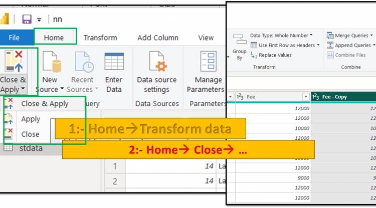 Home Tab in Query Editor: Close, close & apply, apply options in home tab of query editor in Power BI: Lesson-7 P-13