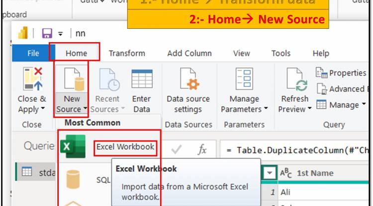 Home Tab in Query Editor: New Source option in home tab of query editor in Power BI: Lesson-7 P-14