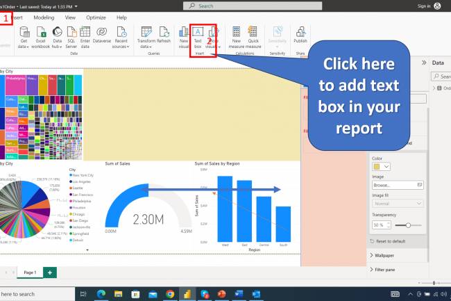 Text box in Home Ribbon in Power BI and select specific option from your Chart:  Title of your Report. Lesson-6 P-3