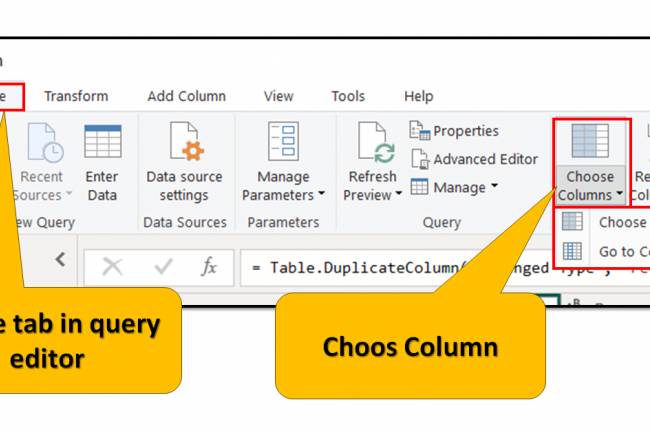 Home Tab in Query Editor: "Choose Column" option in home tab of query editor in Power BI: Lesson-7 P-18